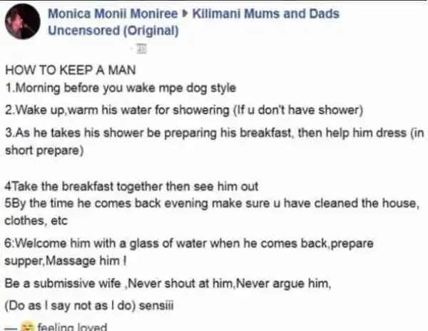 "7 Ways To Keep A Man" By A Kenyan Lady